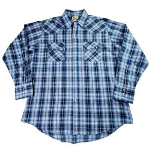 Ely Cattleman Western Shirt Large Blue Silver Plaid Pearl Cowboy Rodeo Dance